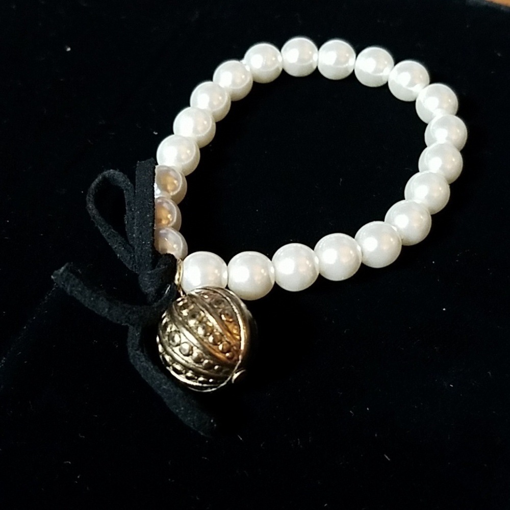 White Pearl Faux Beaded w Ball Charm & Leather Bow 7"